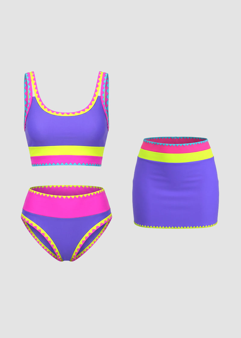 Color Contrast Patchwork Nylon Sporty 3 Piece Bikini Sets