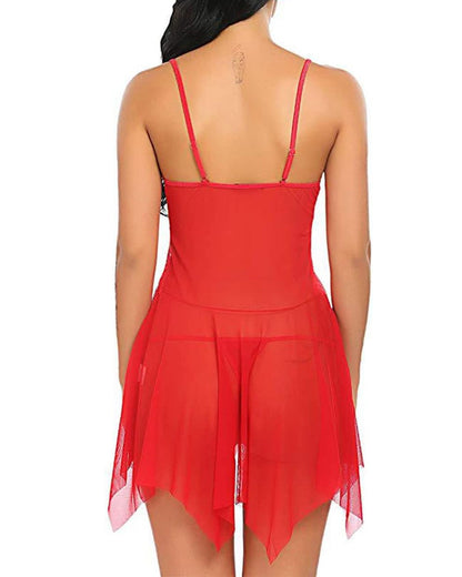 Women's Deep V Sexy Lace Mesh Irregular Hem Suspender Nightdress and Thong Set