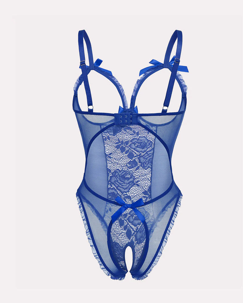 Sexy Flower Lace Mesh Stitching Chest Hollow Open Crotch One-Piece Pajamas