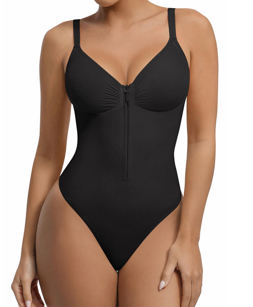 Tummy Control Zip-Up V Neck Bodysuit