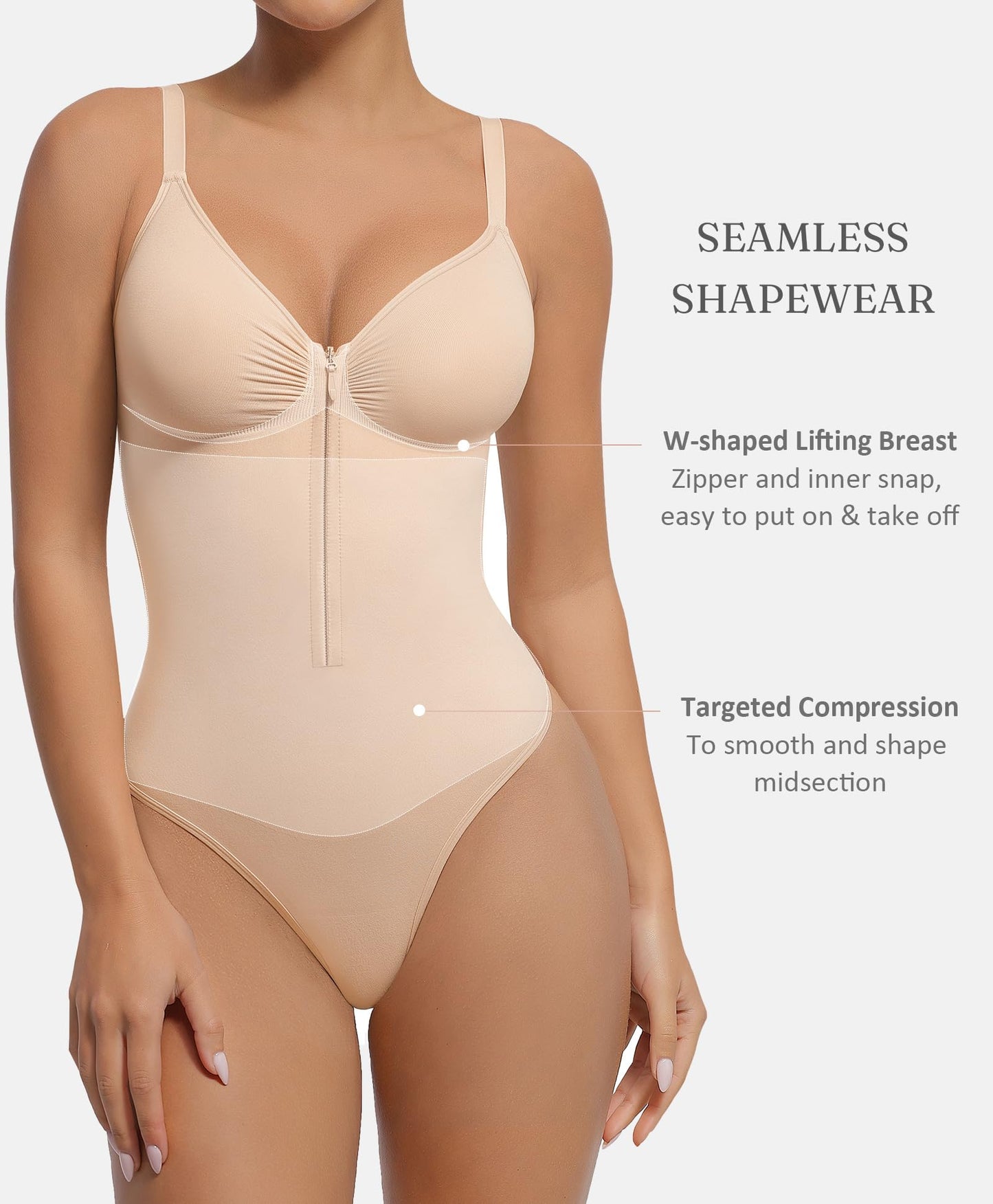 Tummy Control Zip-Up V Neck Bodysuit