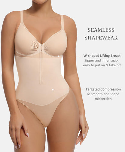 Tummy Control Zip-Up V Neck Bodysuit