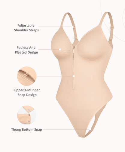 Tummy Control Zip-Up V Neck Bodysuit