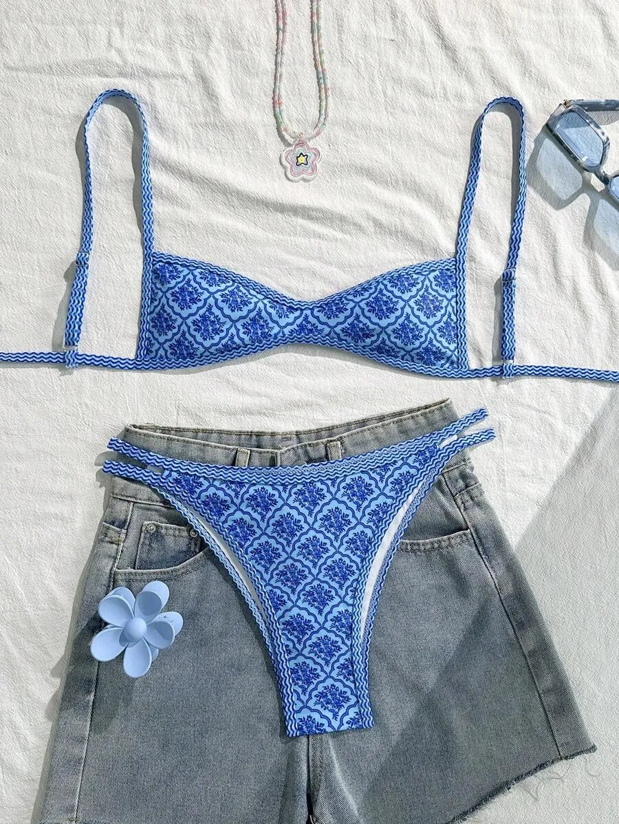 Two-Piece Set Women's Floral Print Bikini Set, Casual Fashion Chic Swimsuit Set for Beach Holiday Vacation, Ladies Summer Clothes