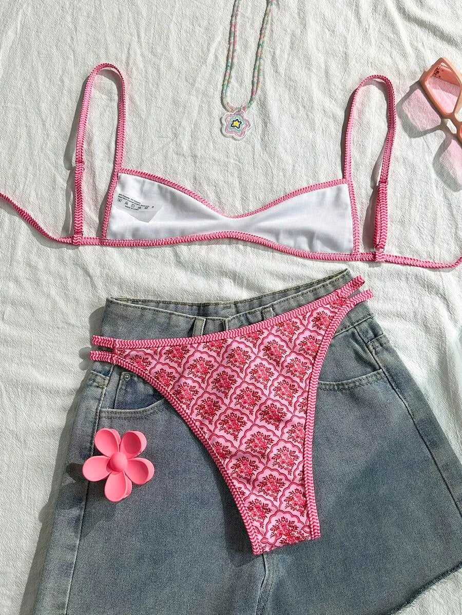 Two-Piece Set Women's Floral Print Bikini Set, Casual Fashion Chic Swimsuit Set for Beach Holiday Vacation, Ladies Summer Clothes