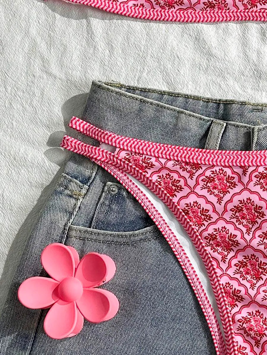 Two-Piece Set Women's Floral Print Bikini Set, Casual Fashion Chic Swimsuit Set for Beach Holiday Vacation, Ladies Summer Clothes