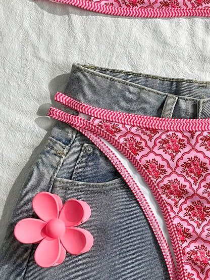 Two-Piece Set Women's Floral Print Bikini Set, Casual Fashion Chic Swimsuit Set for Beach Holiday Vacation, Ladies Summer Clothes