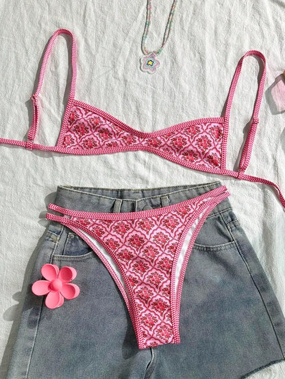 Two-Piece Set Women's Floral Print Bikini Set, Casual Fashion Chic Swimsuit Set for Beach Holiday Vacation, Ladies Summer Clothes