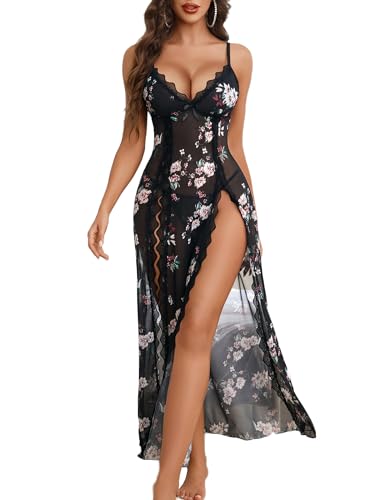 Sexy Suspenders See-Through Lace Mesh Long Slits With Panties Pajamas Set