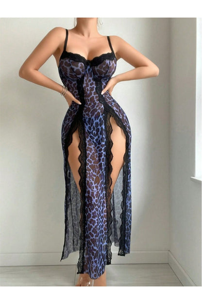 Sexy Suspenders See-Through Lace Mesh Long Slits With Panties Pajamas Set